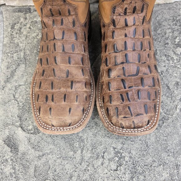 Old West Brown/Tan Youth Boys Leather Faux Gator Cowboy Boots - Picture 2 of 9